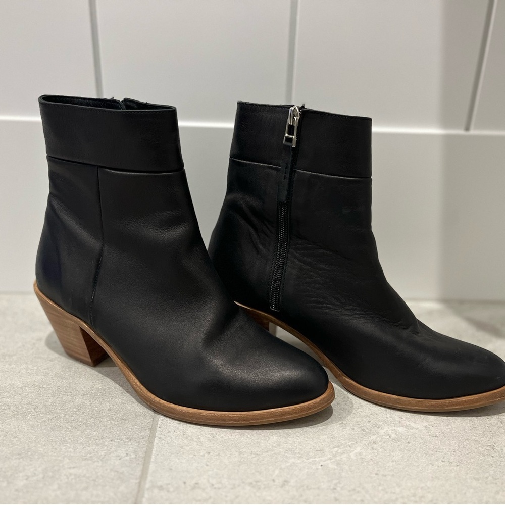 Poppy Barley Black Leather Ankle Boots with Tan Wood Heel